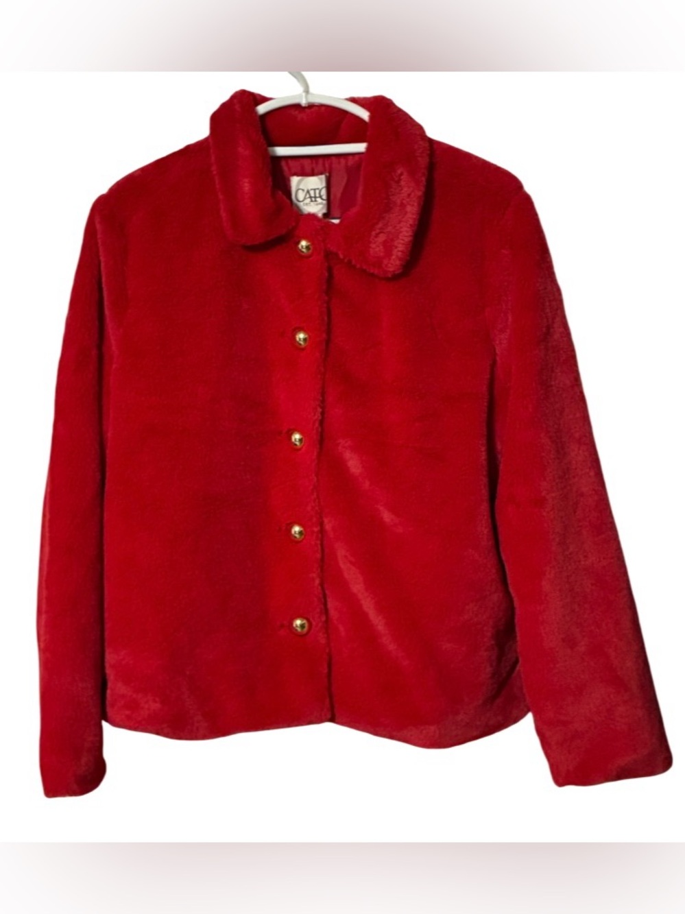 CATO EST. 1946 Red Faux Fur Jacket Gold Button Short Coat size Medium